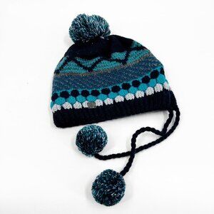 ✅ SMARTWOOL WOOL BLEND BEANIE NAVY/TEAL/GREY WITH‎ POM POMS